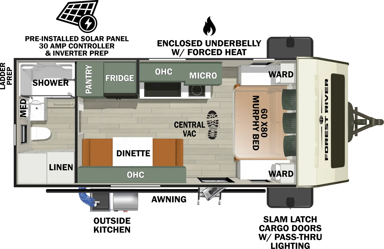 The No Boundaries NB19.2 floorplan has one entry and zero slide outs. Exterior features include: fiberglass exterior and 14' awning. Interiors features include: murphy bed and rear bathroom.